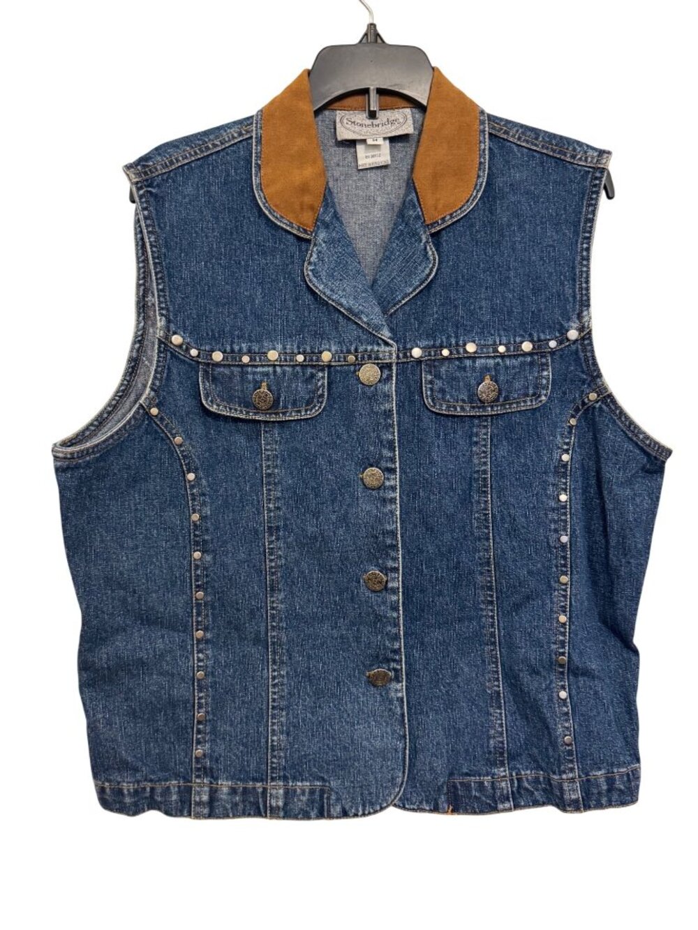 Stonebridge Womens Medium Denim Vest With Suede-Style Collar & Studded Accents